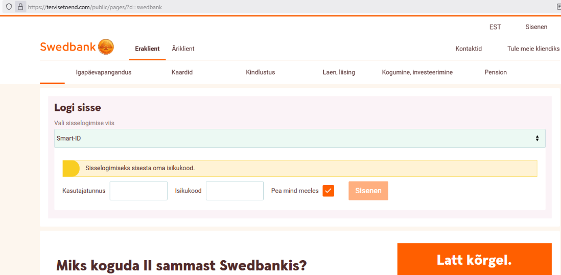 Ekraanikuva õngitsuslehelt: Swedbanki sisselogimisakent meenutav leht