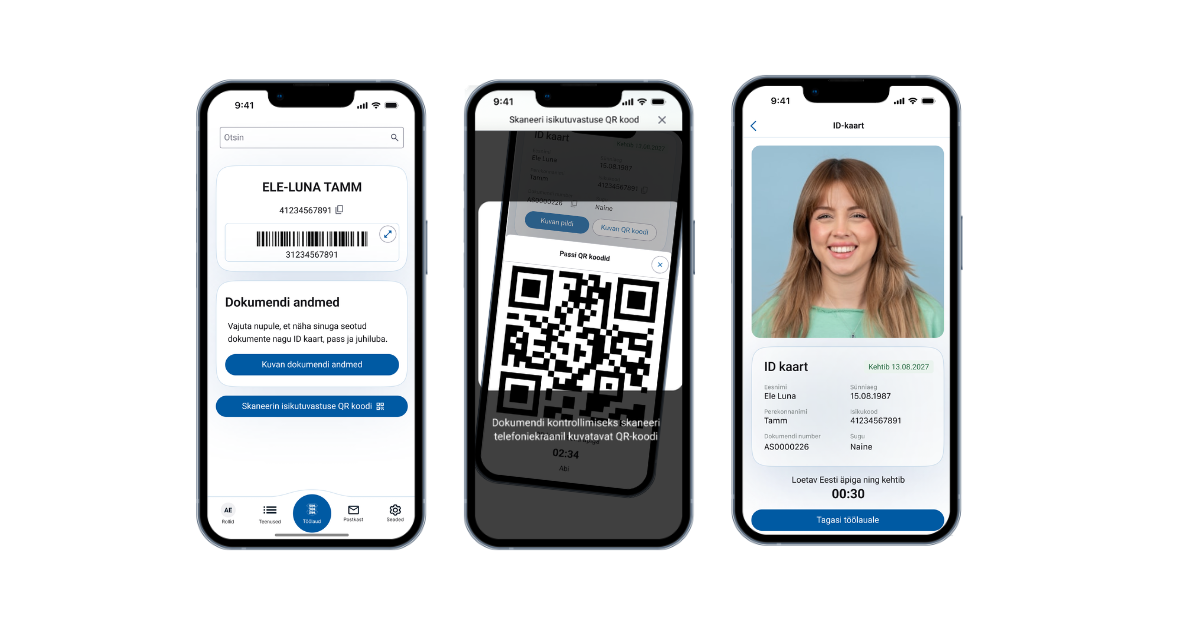 Eesti äpi kolm mobiili ekraanipilti, mida näeb teenusepakkuja QR-koodi skaneerimisel