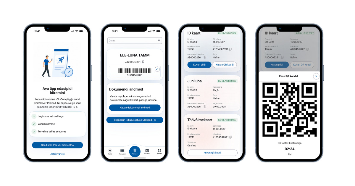 Eesti äpi neli mobiili ekraanipilti, mida kasutaja näeb QR-koodi kuvamiseni liikudes