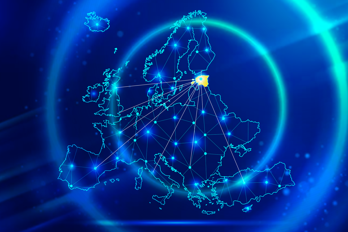 Illustratsioon: sinisel taustal Euroopa piirjooned, Eesti on kollane ning ühendusjooned viivad Eestist Euroopa eri punktidesse.