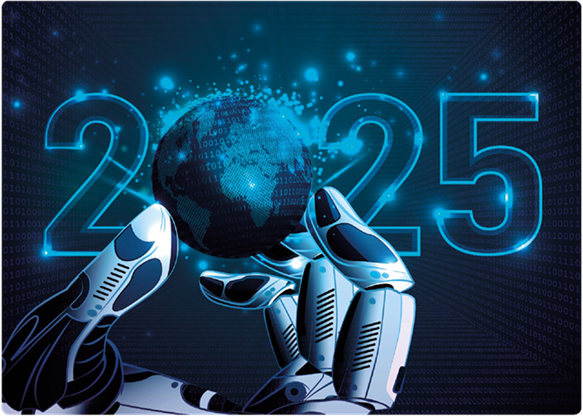 Illustratsioon. Sinisel taustal suur kiri 2025, kus 0 asemel on maakera, mida hoiavad suured robotsõrmed.