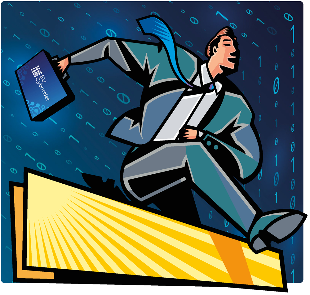 Illustratsioon. Rohekas ülikonnas mees jookseb, sisnine lisps kaelas lehvimas, üle kollase tõkke. Tal on käes portefell, mille peal on EU CyberNeti logo. Taust: helesinised numbrid 1 ja 0 läbisegi reas tumesinisel taustal.