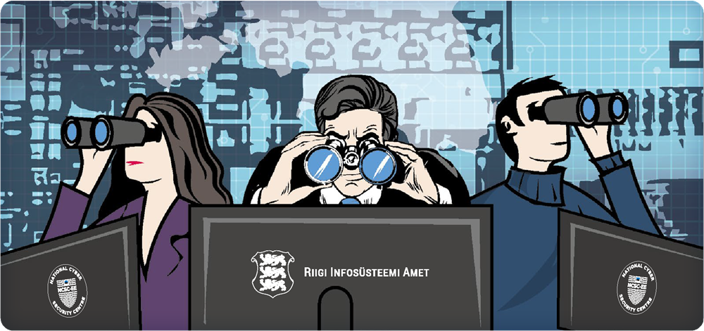 Illustratsioon. Monitoride taga istuvad kaks meest ja üks naine ning vaatavad binoklitega kaugusesse. Keskmise monitori tagaküljel on RIA logo, äärmistel küberturvalisuse keskuse NCSC-EE logo.