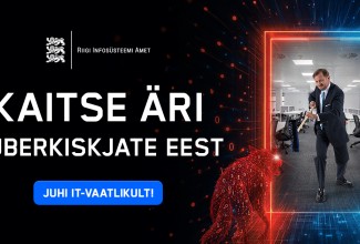 Plakat. Ülikonnas mees seisab kontoriruumi uksel ja püüab põrandaharjaga peletada eemale virtuaalset punastest joontest ning numbritest 1 ja 0 koosnevat hundikujutist. Ukse kõrval tumedal taustal kiri: "Kaitse äri küberkiskjate eest" ja sinine nupp kirjaga "Juhi IT-vaatlikult!"