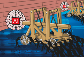 Illustratsioon: väikesed mustad inimkujud lükkavad müürile lähemale ratastel puidust piiramismasinaid, mille rammi otsas on aju kirjaga "AI"
