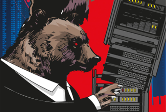 Illustratsioon. Esiplaanil mustas ülikonnas karu lõhkumas serveriraamis olevaid servereid.