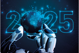 Illustratsioon. Sinisel taustal suur kiri 2025, kus 0 asemel on maakera, mida hoiavad suured robotsõrmed.