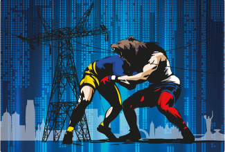 Illustratsioon. Esiplaanil maadlevad Ukraina lipuvärvides mees ja karu peaga Venemaa lipuvärvides mees. Taamal sinisel taustal must elektrimast ja valge linnakontuur.