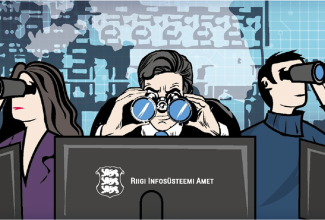Illustratsioon. Monitoride taga istuvad kaks meest ja üks naine ning vaatavad binoklitega kaugusesse. Keskmise monitori tagaküljel on RIA logo, äärmistel küberturvalisuse keskuse NCSC-EE logo.